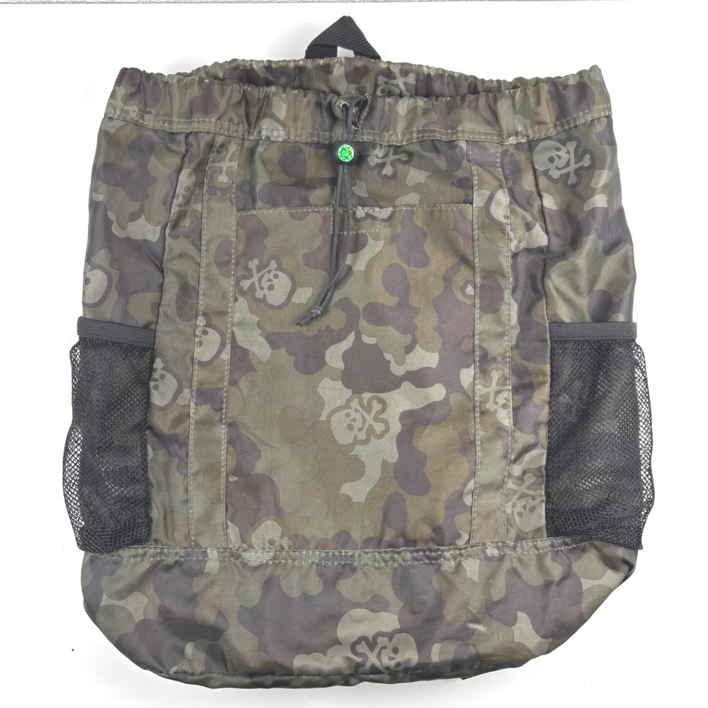 Skull Camo Print Drawstring Backpack Kids OS Green School Halloween Goth Light